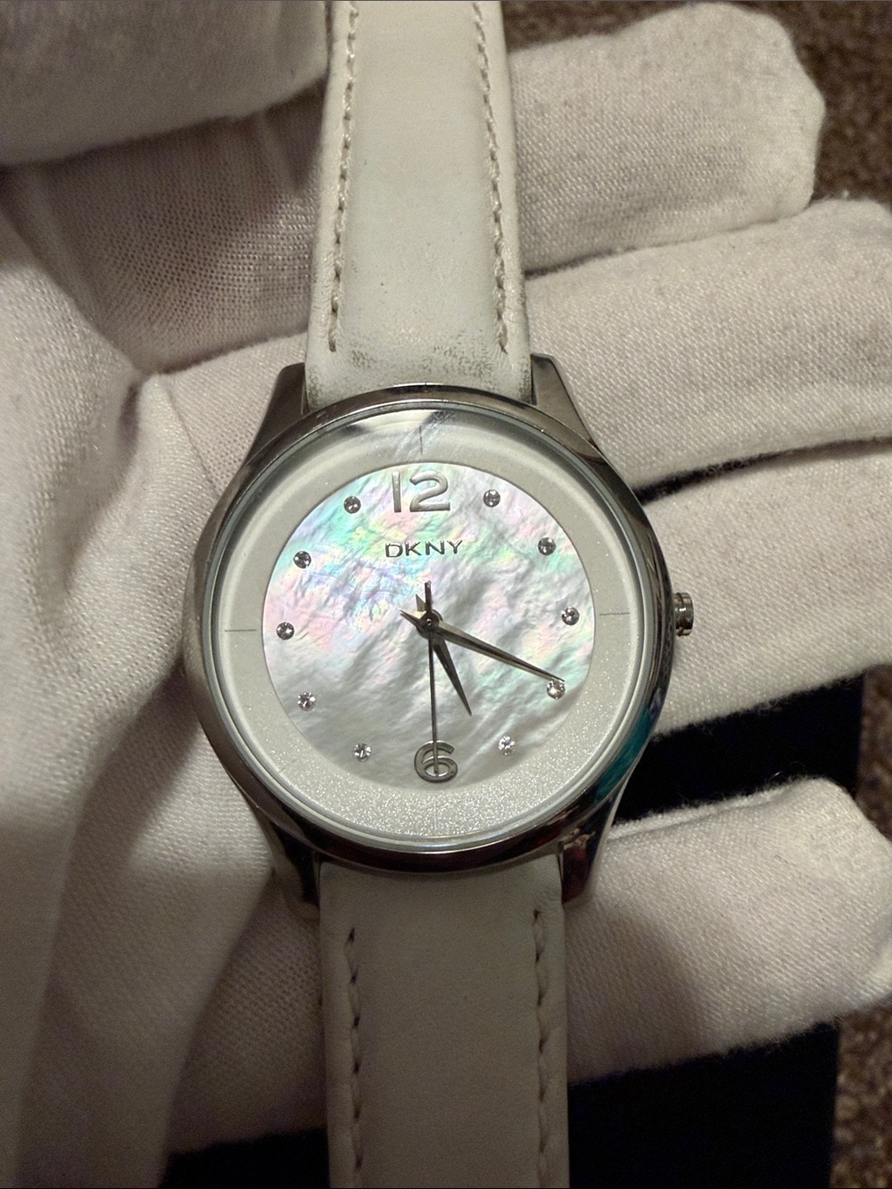Vintage DKNY Iridescent Mother-of-Pearl Dial Watch with White Leather Strap